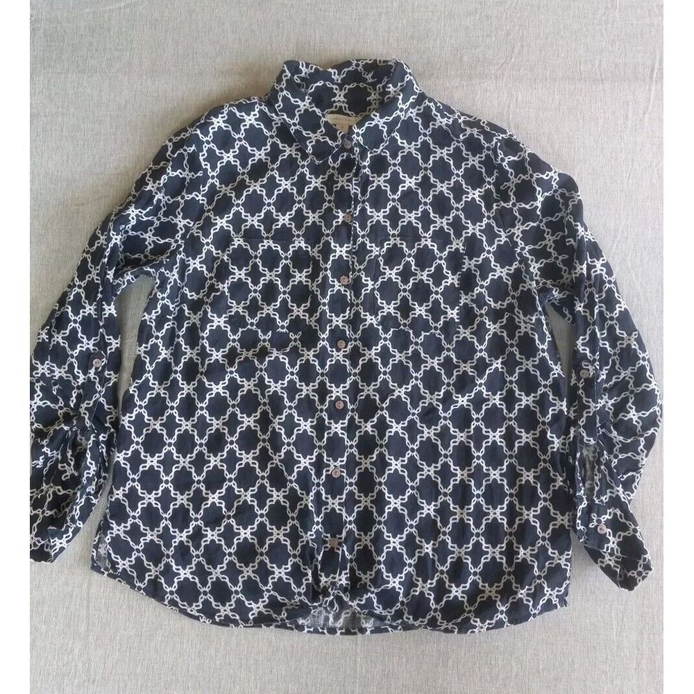 Charter Club Women's Medium‎ Pure Linen Geometric Buttons Double Pocket Breast